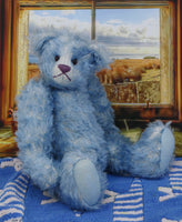 Alice is a very sweet and pretty one of a kind traditional mohair artist teddy bear by Barbara Ann Bears with hand knitted wool dungarees, she stands 13.5 inches/34 cm tall and is 9.5 inches 24 cm sitting. Alice was made in the 1990s in pale blue mohair, with rose coloured glass eyes and pale blue wool felt paw pads