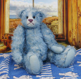 Alice is a very sweet and pretty one of a kind traditional mohair artist teddy bear by Barbara Ann Bears with hand knitted wool dungarees, she stands 13.5 inches/34 cm tall and is 9.5 inches 24 cm sitting. Alice was made in the 1990s in pale blue mohair.