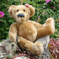 Bernadette is one of our very old bears, she's a sweet and cuddly, traditional teddy bear made from gorgeous English mohair by Barbara Ann Bears, she is 12 inches/30cm tall and is 9 inches/23cm sitting. Bernadette is made from a beautiful, slightly distressed, soft fawn English mohair, with beige wool felt paw pads 