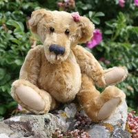 Bernadette is one of our very old bears, she's a sweet and cuddly, traditional teddy bear made from gorgeous English mohair by Barbara Ann Bears, she is 12 inches/30cm tall and is 9 inches/23cm sitting. Bernadette is made from a beautiful, slightly distressed, soft fawn English mohair, with beige wool felt paw pads 