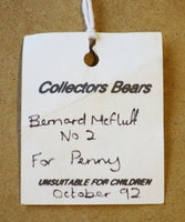 The back of the original label showing he is 'Bernard mCfluff No 2', made for Penny in October 1992