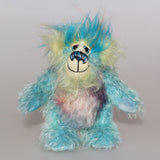 Bim-Bam is a very happy little teddy bear, a one of a kind artist bear by Barbara-Ann Bears in beautiful blue hand dyed mohair and faux fur.  Bim-Bam is quite a little bear, he stands just 5.5 inches/14 cm tall and is 4.5 inches/11 cm sitting. Bim-Bam wants to see you smiling and laughing, just to enjoyyour company. 