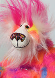 Bing-Bong's face and the fronts of his ears are a long white mohair and on top of his head head he has a plume of long and fluffy magenta faux fur. Bing-Bong has beautiful hand painted glass eyes with eyelids, a wonderfully embroidered nose, sewn from individual threads to match his colouring and he has a huge beaming smile.