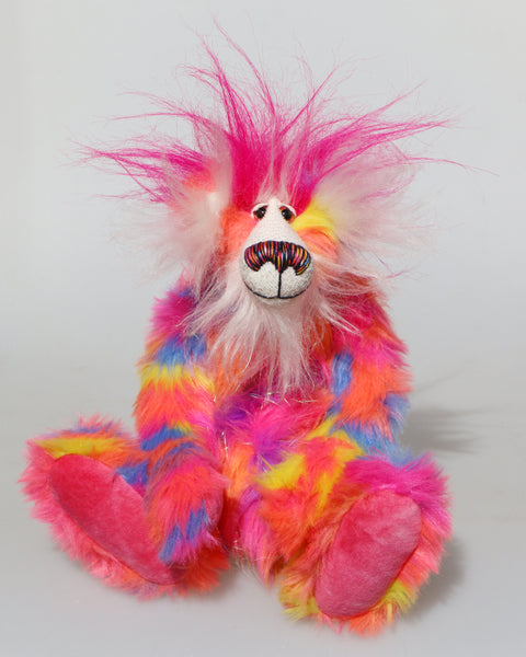 Bing-Bong is a colourful, fun-loving and comical, one of a kind, artist bear by Barbara-Ann Bears in luxurious mohair and rather wild faux fur, he stands 13 inches (33 cm) tall and is 10.5 inches (27 cm) sitting. He is mostly made from a multicoloured faux fur, it has patches of magenta, orange, yellow, blue and violet