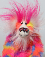 Bing-Bong's face and the fronts of his ears are a long white mohair and on top of his head head he has a plume of long and fluffy magenta faux fur. Bing-Bong has beautiful hand painted glass eyes with eyelids, a wonderfully embroidered nose, sewn from individual threads to match his colouring and he has a huge beaming smile.