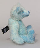 Bobby Daydream is a very handsome & subtly colourful, traditional, one of a kind artist teddy bear, in fabulous hand dyed mohair by Barbara Ann Bears, he stands 10 inches/25 cm tall and 7.5 inches/18 cm sitting. Bobby Daydream is made from a fairly short and sparse mohair, hand-dyed in natural blues, aqua and turquoise