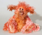 Bonty Bodger, an appealingly wild and friendly one of a kind artist teddy dog in stunning hand dyed mohair in many warm shades of peach by Barbara-Ann Bears, he Bodger stands 6.5 inches/17 cm tall and is 5.5 inches/14 cm sitting, he has beautiful hand painted glass eyes with hand coloured eyelids, a splendid, neatly embroidered nose and a warm and jovial smile