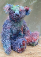 Braedon, a traditional, one of a kind artist teddy bear, in fabulous hand dyed mohair by Barbara Ann Bears, he stands 15 inches/38cm tall and is 10.5 inches/27cm sitting. Braedon is made from medium length distressed German mohair hand-dyed by Barbara  in shades of blue with splashes of pink, lilac, emerald and plum