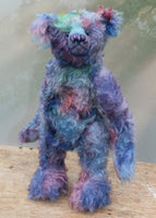 Braedon, a traditional, one of a kind artist teddy bear, in fabulous hand dyed mohair by Barbara Ann Bears, he stands 15 inches/38cm tall and is 10.5 inches/27cm sitting. Braedon is made from medium length distressed German mohair hand-dyed by Barbara  in shades of blue with splashes of pink, lilac, emerald and plum