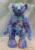 Braedon, a traditional, one of a kind artist teddy bear, in fabulous hand dyed mohair by Barbara Ann Bears, he stands 15 inches/38cm tall and is 10.5 inches/27cm sitting. Braedon is made from medium length distressed German mohair hand-dyed by Barbara  in shades of blue with splashes of pink, lilac, emerald and plum