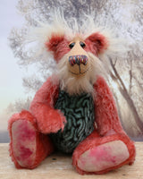 Billy 'Brains' McMurray, a cheerful, inquisitive and loveable one of a kind artist bear in by Barbara-Ann Bears, he stands 13.5 inches(34 cm) tall and is 10 inches ( 25 cm) sitting. Billy is made from a straight pile strawberry red mohair with brown tipping, his tummy is a turquoise faux fur with a brain coral pattern
