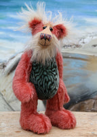 Billy 'Brains' McMurray, a cheerful, inquisitive and loveable one of a kind artist bear in by Barbara-Ann Bears, he stands 13.5 inches(34 cm) tall and is 10 inches ( 25 cm) sitting. Billy is made from a straight pile strawberry red mohair with brown tipping, his tummy is a turquoise faux fur with a brain coral pattern