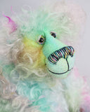 Bryn Bryn Bruin is made from one beautiful piece of hand dyed mohair, a long and fluffy, tousled mohair hand dyed with splashes of pastel colours, turquoise, jade, pale blue, soft pink, amber, green, gold, magenta and lilac. He has hand dyed velvet paw pads. Bryn's beautiful eyes were hand painted to match his mohair as were his hand coloured eyelids. His nose was embroidered with individual threads to match his colouring and he has a sweet and cheerful smile