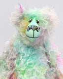 Bryn Bryn Bruin is made from one beautiful piece of hand dyed mohair, a long and fluffy, tousled mohair hand dyed with splashes of pastel colours, turquoise, jade, pale blue, soft pink, amber, green, gold, magenta and lilac. He has hand dyed velvet paw pads. Bryn's beautiful eyes were hand painted to match his mohair as were his hand coloured eyelids. His nose was embroidered with individual threads to match his colouring and he has a sweet and cheerful smile
