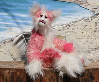 Camellia is a very beautiful, elegant and glamorous one of a kind artist bear by Barbara-Ann Bears in luxurious hand-dyed fluffy pink mohair She's 25 inches(64 cm) tall from her toes to her head and is 18 inches(46 cm) sitting from her bottom to her head, she has flexible knees and bent legs so she sits rather elegantly.