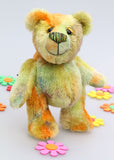 Chumley is an extremely lovable, sweet and happy one of a kind artist bear made from beautiful hand dyed mohair by Barbara Ann Bears Chumley stands just 8 inches (20 cm) tall and is 6 inches (15cm) sitting. He is made from a fairly short, straight pile mohair that Barbara has hand-dyed in a combination of spring colours