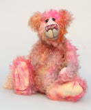 Clarence is a gentle, elegant and delicately colourful, one of a kind, hand dyed mohair, shaggy artist bear by Barbara-Ann Bears