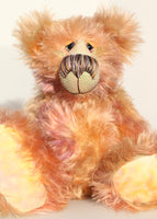 Daphne is made from a very long and luscious, straight pile mohair that Barbara has dyed in subtle blends of dusky fawn, peach and lilac. Daphne has hand dyed velvet paw pads which complement her colouring perfectly.  Daphne has large, beautiful, hand painted glass eyes with hand coloured, a wonderfully large nose embroidered from individual threads to match her colouring and a charming smile, she is stuffed with plastic pellets and polyester stuffing to make her a little heavier and more cuddly.