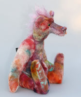Deedee is both wild and cute, a gently colourful & loveable, one of a kind, hand dyed mohair artist bear by Barbara-Ann Bears Deedee stands 16 inches (41 cm) tall and is 11.5 inches (29 cm) sitting, this doesn't include her beautiful pink hair which adds another 2 inches (5 cm).