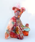 Deedee is both wild and cute, a gently colourful & loveable, one of a kind, hand dyed mohair artist bear by Barbara-Ann Bears Deedee stands 16 inches (41 cm) tall and is 11.5 inches (29 cm) sitting, this doesn't include her beautiful pink hair which adds another 2 inches (5 cm).