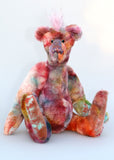 Deedee is both wild and cute, a gently colourful & loveable, one of a kind, hand dyed mohair artist bear by Barbara-Ann Bears Deedee stands 16 inches (41 cm) tall and is 11.5 inches (29 cm) sitting, this doesn't include her beautiful pink hair which adds another 2 inches (5 cm).