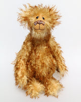 Delbert Dibbleton is a sweet and very friendly, one of a kind mohair artist teddy bear by Barbara-Ann Bears  Delbert Dibbleton stands 12.5 inches( 32 cm) tall and he is 9 inches (23cm) sitting made from a sumptuous, long, very dense, soft and twirly, brown tipped gold mohair with rich brown German wool felt paw pads. 