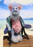 Delilah Dingles is a beautiful, calm and peaceful hippie bear, a one of a kind, hand dyed mohair artist teddy bear by Barbara-Ann Bears, she stands 10 inches( 25 cm) tall and is 8 inches ( 20 cm) sitting. She is mostly made from a medium length, sparse, quite straight mohair dyed in several gentle shades of blue 