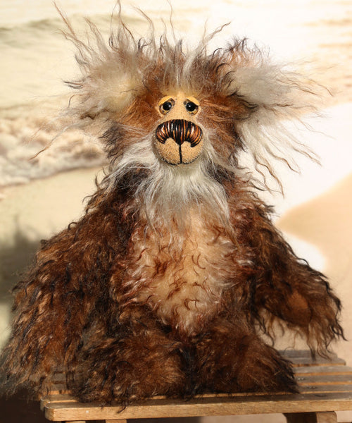 Dickens is an endearingly sweet and joyful, one of a kind, artist teddy bear by Barbara-Ann Bears in wonderful and very fluffy tipped mohair Dickens stands 9.5 inches (24 cm) tall and is 7.5 inches (19 cm) sitting.  Dickens is a joyful and sweet fellow, full of happy smiles and long tender cuddles, he's a lovely fluffy bear with beautiful hand painted eyes and an amazing smile