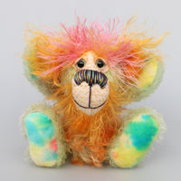 Diddy Gumdrops is a wonderfully happy, colourful and exuberant one of a kind, hand dyed mohair artist bear by Barbara-Ann Bears, he stands 7 inches( 18 cm) tall and is 5.5 inches ( 14 cm) sitting  Diddy Gumdrops might be small but he has a huge personality, he isn't a bear who takes himself too seriously