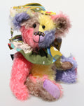 Django Djangles is a very happy jester teddy bear in four coloured hand dyed mohair, a one of a kind, artist bear by Barbara-Ann Bears, he's 14 inches/35 cm tall and is 10 inches/25 cm sitting.  Django Djangles loves to make you happy, to be picked up and cuddled, anything that will make his little bell jangle