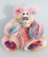 Dominic Diggle is an endearingly sweet and gentle, beautifully coloured, one of a kind, hand dyed mohair artist bear by Barbara-Ann Bears. Dominic Diggle stands 10 inches( 25 cm) tall and is 7 inches (18 cm) sitting. 