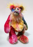 Donovan is an endearingly sweet and gentle, beautifully coloured, one of a kind, hand dyed mohair artist bear by Barbara-Ann Bears Donovan stands 10 inches( 25 cm) tall and is 7.5 inches (19 cm) sitting. Donovan is a very sweet teddy bear, he is a beautifully coloured bear he manages to capture almost every colour in the rainbow 