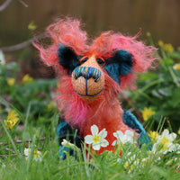Douggie Dingle is a wild and wonderful bear, full of colourful happiness, a one of a kind, mohair artist teddy bear by Barbara-Ann Bears  Douggie Dingle is a very happy bear, he loves springtime, to be out smelling the flowers and just enjoying the fresh air and warm sunshine.