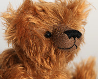 Duncan, a lovable slightly raggedy, one of a kind, traditional artist teddy bear made from beautiful German mohair by Barbara-Ann Bears Duncan stands 11 inches (28cm) tall and is 8 inches (20cm) sitting. Duncan is made from gorgeous distressed and wavy, chestnutty brown German mohair, he has old, black boot button eyes and coordinating brown wool felt paw pads. He has a pert, little, carefully embroidered dark brown nose and the sweetest smile. 