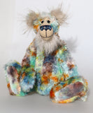 Elgar, a calm and handsome, one of a kind, hand dyed mohair, artist teddy bear by Barbara-Ann Bears, he stands 16.5 inches/42 cm tall and is 13 inches/33 cm sitting. A bear like springtime, with blue skies, the first bright greens, some amber and gold flowers and just a few dark clouds to bring some sharp brief showers.
