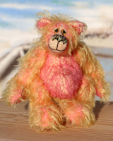 Ermintrude, a bright and friendly, one of a kind, artist teddy bear by Barbara-Ann Bears in beautifully coloured hand-dyed mohair  Ermintrude stands 7.5 inches( 19 cm) tall and is 6 inches ( 15 cm) sitting.