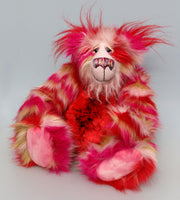 Ethel Snugglepuss, is a very sweet and gentle, one of a kind, artist bear by Barbara-Ann Bears in gorgeous mohair and beautiful faux fur.  Ethel stands 17.5 inches (38 cm) tall and is 13 inches (30 cm) sitting and is made from soft stripy faux pink, red and cream faux fur and long fluffy cream and red mohair.