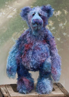 Ezra is an elegant, charming and handsome, one of a kind, artist bear by Barbara-Ann Bears in wonderful hand-dyed mohair like twilight. Ezra stands 16 inches (41 cm) tall and is 12 inches (30 cm) sitting. Ezra is a very handsome bear, made from the most beautiful mohair and with a twinkle in his eye 