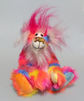 Fandango is a colourful, fun-loving and comical, one of a kind artist bear by Barbara-Ann Bears in luxurious mohair and rather wild faux fur. He stands 11.5 inches/29 cm tall and is 8 inches/20 cm sitting. Fandango is mostly made from a multicoloured faux fur, it has patches of magenta, orange, yellow, blue and violet