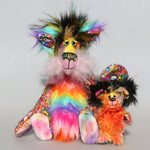 Faustus and Mousetopheles are a fantastically colourful, wild and kooky, one of a kind artist mouse and cat by Barbara Ann Bears, in cotton fabric, faux fur and mohair  Faustus stands 12.5 inches/31 cm tall and is 11 inches/27 cm sitting, Mousetopheles stands just 5 inches/12.5 cm tall and is 4 inches/10 cm sitting. 