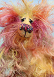 Felix Frizzle-Frazzle is a wild and scruffy bear in a mixture of beautiful natural colours, he is quite a little bear, he stands just 6.5 inches( 17 cm) tall and is 5 inches ( 13 cm) sitting. Felix is mostly made from a very long, frizzy and wildly fluffy mohair hand dyed in many natural shades