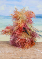 Felix Frizzle-Frazzle is a wild and scruffy bear in a mixture of beautiful natural colours, he is quite a little bear, he stands just 6.5 inches( 17 cm) tall and is 5 inches ( 13 cm) sitting. Felix is mostly made from a very long, frizzy and wildly fluffy mohair hand dyed in many natural shades