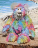Festive Freda is a wonderfully colourful and cuddly, one of a kind, artist teddy bear in gorgeous faux fur and mohair by Barbara-Ann Bears, she's 19 inches (47 cm) tall and is 14.5 inches (37 cm) sitting.  Festive Freda is made from a long, soft, dense faux fur in turquoise, pale blue, yellow, orange magenta and lilac