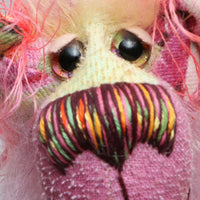 Flora Flamingo, a floral teddy fantasy, a one of a kind artist bear in hand dyed mohair and upcycled designer fabric by Barbara Ann Bears, she stands 16.5 inches( 42 cm) tall and is 12 inches (30 cm) sitting.