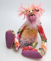 Flora Flamingo, a floral teddy fantasy, a one of a kind artist bear in hand dyed mohair and upcycled designer fabric by Barbara Ann Bears, she stands 16.5 inches( 42 cm) tall and is 12 inches (30 cm) sitting.