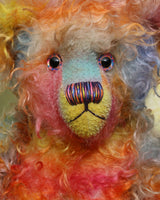 Francesco, a very handsome & colourful, traditional, one of a kind, mohair artist teddy bear,  by Barbara Ann Bears, he stands 17.5 inches (45cm) tall and is 12.5 inches (32cm) sitting. Francesco is made from long distressed mohair which Barbara has hand-dyed in bands of beautiful colours; blue, orange, yellow and pink