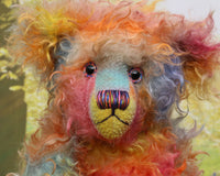 Francesco, a very handsome & colourful, traditional, one of a kind, mohair artist teddy bear,  by Barbara Ann Bears, he stands 17.5 inches (45cm) tall and is 12.5 inches (32cm) sitting. Francesco is made from long distressed mohair which Barbara has hand-dyed in bands of beautiful colours; blue, orange, yellow and pink