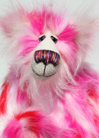 Francisco is made from long, fluffy faux fur with patches of magenta, baby pink, scarlet and white, coupled with a long white mohair. Francisco has beautiful hand painted glass eyes with eyelids, a wonderfully embroidered nose, sewn from individual threads to match his colouring and he has a huge beaming smile