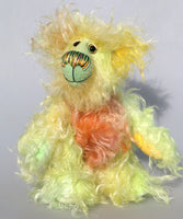 Freddie Frogmore is a wonderfully happy and gorgeously green, one of a kind mohair artist teddy bear by Barbara-Ann Bears. He stands 8.5 inches/21cm tall and is 6.5 inches/16 cm sitting. Freddie is made from long and fluffy bright lime hand dyed mohair, with hand painted eyes, a splendid nose and a broad sweet smile.