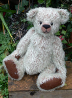 The Frederick Teddy Bear pattern makes a sweet traditional Barbara-Ann Bear about 15 inches (38cm) tall. This one in minty ratinee mohair